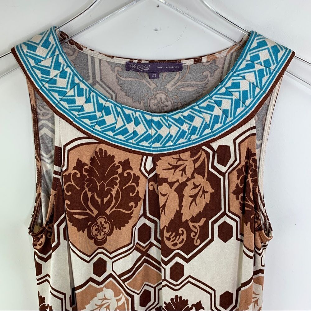 Hale Bob Multicolor Brown/White/Turquoise Geo Print Sleeveless Silk Dress Boho - Picture 2 of 12